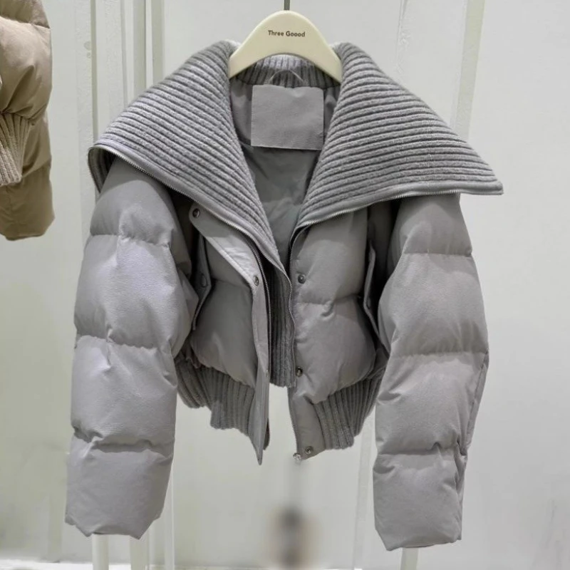 

Women's High Waist Puffer, Lapel Collar Short Winter Coat Solid Color Chic Outerwear