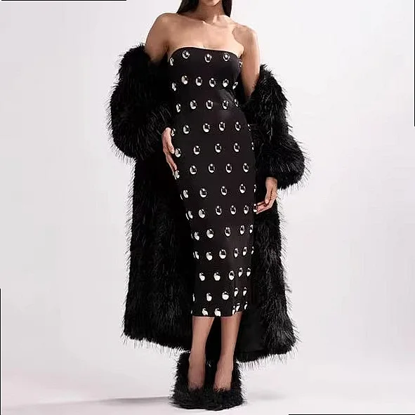 Elegant Strapless Dress with Rhinestones & Ribbon, Summer Dresses for Women, Sparkly Bodycon Jumpsuit Evening Gown
