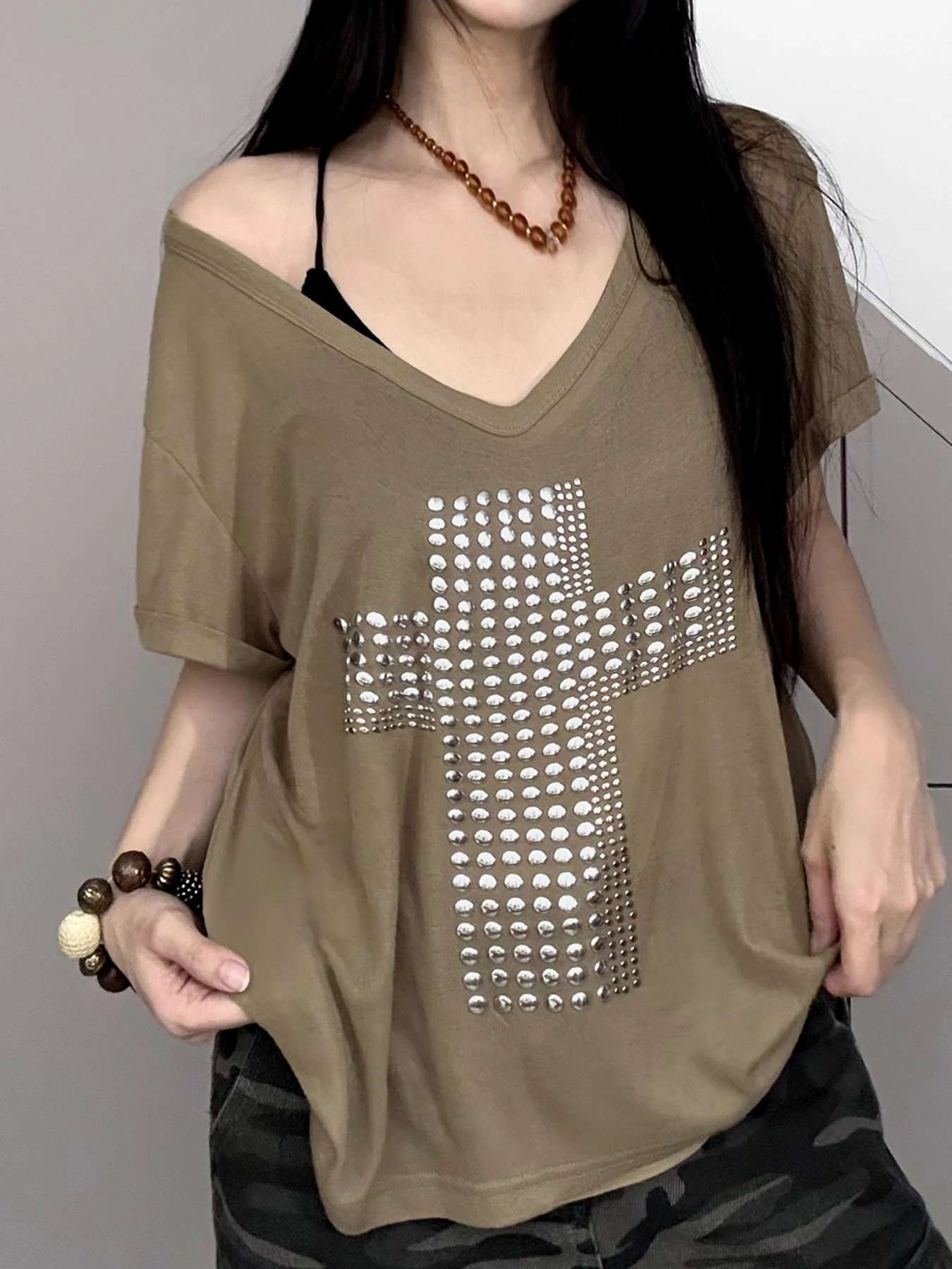 

Sweetown Fashion Hot Copper Cross Loose Causal Chic Women T-Shirts Summer Trendy Streetwear Blouses