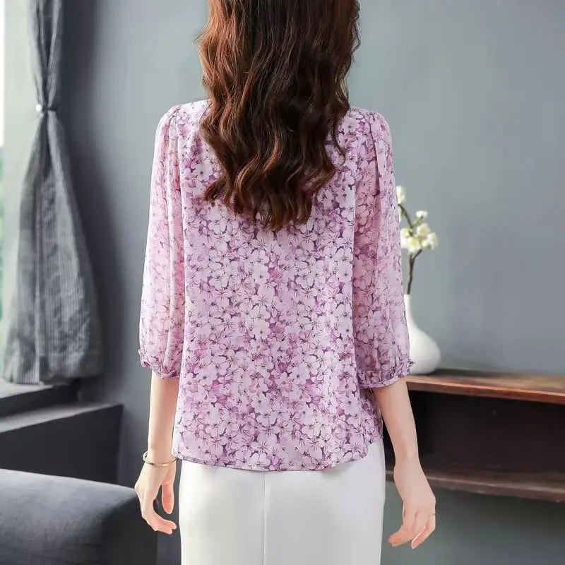 2024 Spring/Summer Women\'s New V-neck Pullover Printed Button Fashion Versatile Loose Middle Sleeve Thin Chiffon Shirt Tops