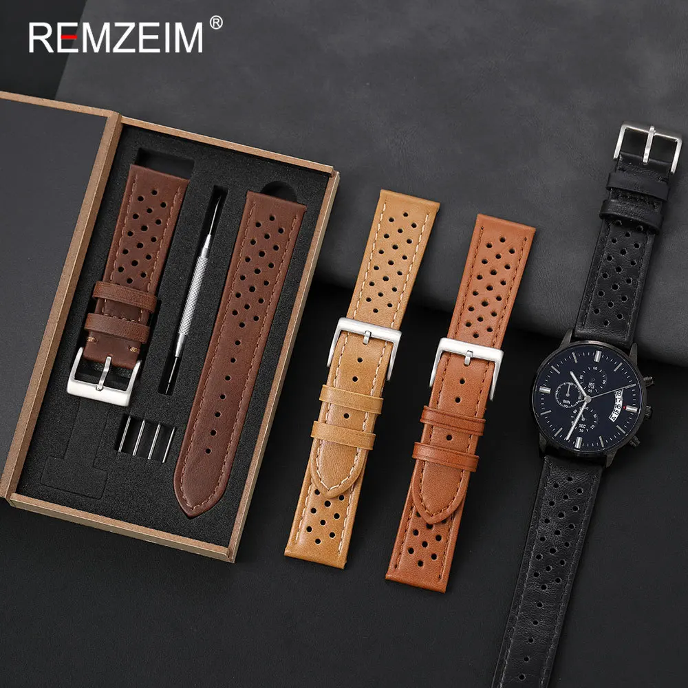 Breathable Perforated Calfskin Genuine Leather Watchband 18 20 22mm with Gift Packing Box Men Vintage Business Style Wrist Strap