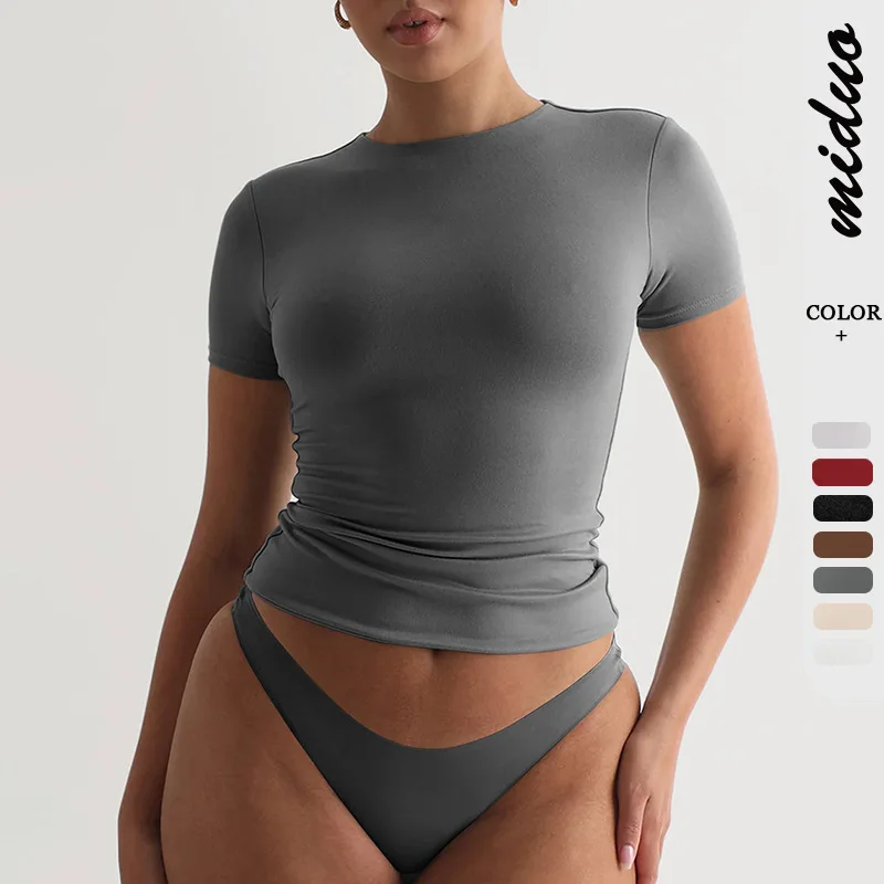 2024년 신상 Y2K 스타일 여성 패션 컬러 오트 슬리브 티셔츠 라운드 넥 슬림핏 섹시 퓨어 디자이어 탑 아론 컬러