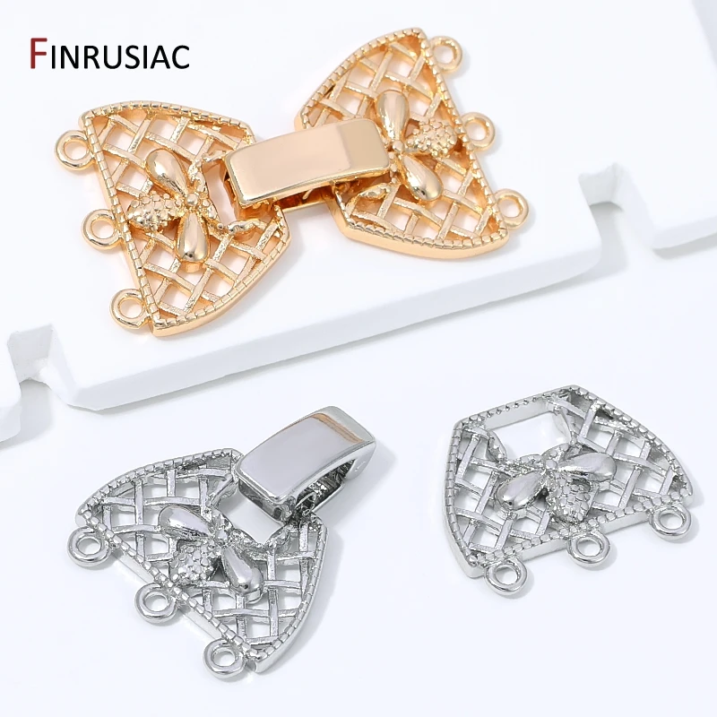 14K Gold Plated Brass 3-Row Pearl Clasps Connector for Jewelry,Multi-Strand Lock Claps for DIY Bracelet Necklace Making Findings view 3