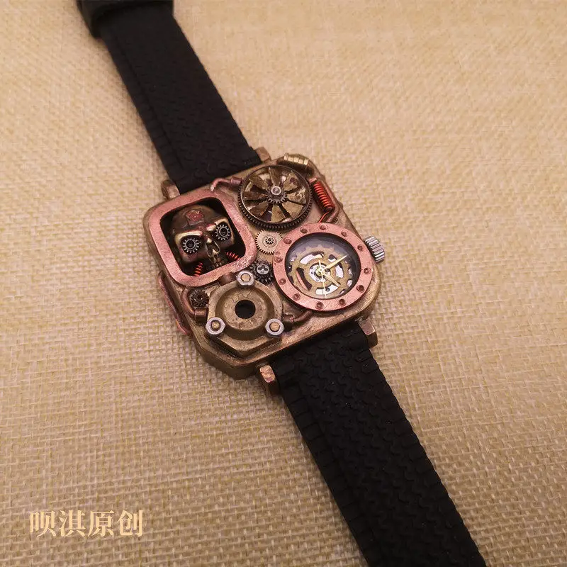 

Copper Steampunk Square Watch Internet celebrity Handmade Original Mechanical Skull Waterproof Personality Trend Watch