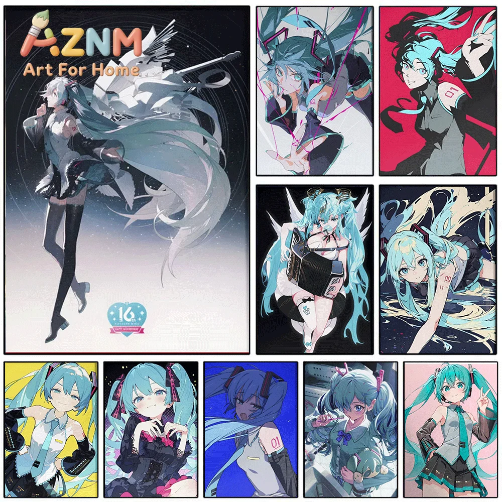 AZNM Hatsune Miku 16th Anniversary Canvas Painting, Frameless Canvas Wall Art, Virtual Singer Anime Wall Painting for Bedroom