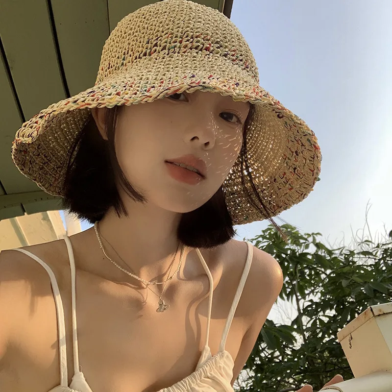 

One Summer Hollowed-Out Sun Protection Hat, Breathable and Not Stuffy, Rainbow Seaside Vacation Style Wide Brim Woven Fisherman