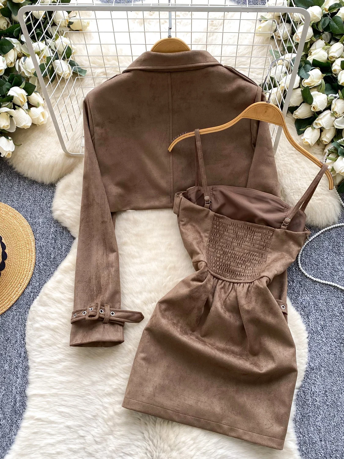 Коричневый кожаный бархатный женский комплект Dr, сексуальный поясной ремень, длинный све или Jaet Faion, комплект с высокой талией, стандартной длины