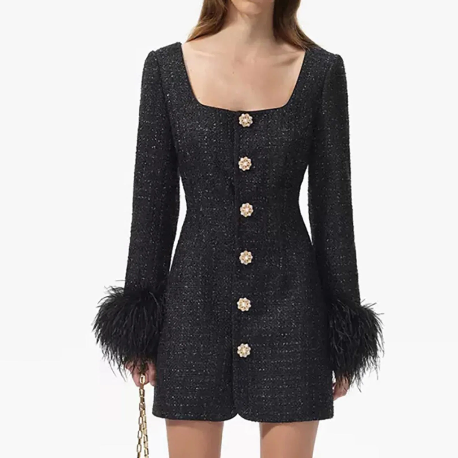 2024 Newest Lady Elegant Tweed Wear Sexy Square Neckline Single-breasted Feathers Long Sleeve Wome Short Mini Black Dress