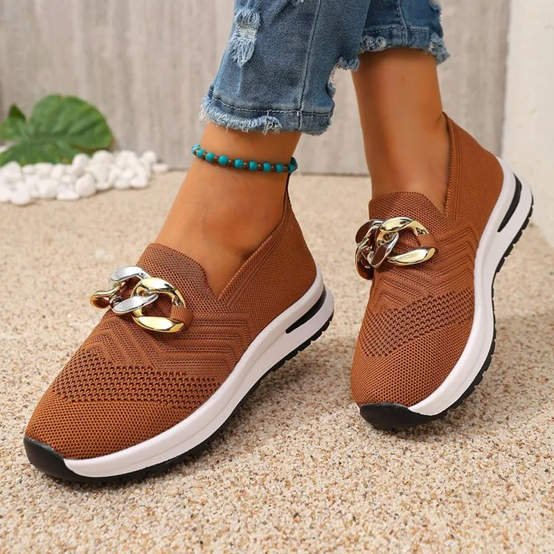 

New Fashion Summer Autumn Women's Casual Vulcanized Sports Knitting Sneakers Flat Soft Soled Hollow Out Chain Shoes Plus Size 43