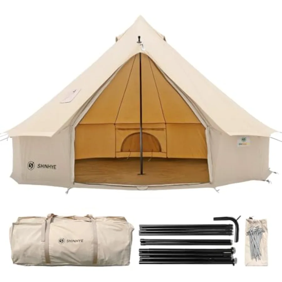 

Палатка-юрта Canvas Bell Tent для кемпинга, 4 сезона, 100% хлопок, для глэмпинга, с отверстием для дымохода, для семейного отдыха на природе и охоты