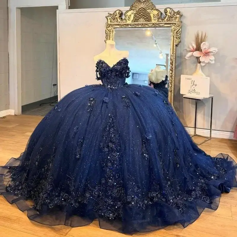 Customized Shiny Navy Blue Quinceanera Dresses Beading Flowers Lace Birthday Party Applique Princess Vestidos De 15 Anos