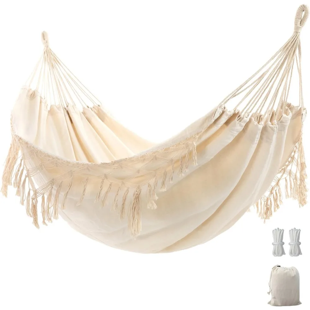 Double Boho Macrame Hammock with Elegant Tassels for Patio, Yard, Beach Wedding Decor, Outdoor and Indoor Up to 450lbs Include T