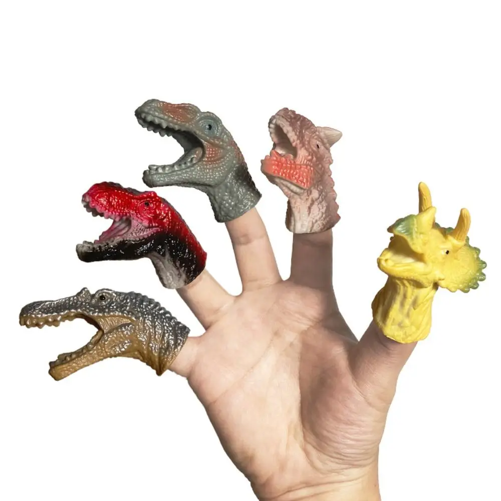 Marionetas de dedo de dinosaurio de dibujos animados, juguetes, muñeca de dedo, cabeza de dinosaurio de goma, marionetas de mano Funky, 5 uds.