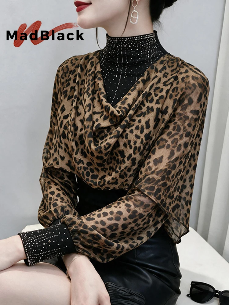 MadBlack-Women European T-Shirt, Sexy Mock Neck Diamond, Retro Long Sleeve Slim M-3XL Fake 2 Pieces Knit Tee, 2026 Fall T6O638CC