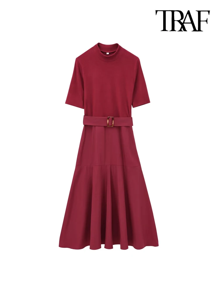 TRAF Women Fashion With Belt Patchwork Midi Dress O Neck Short Sleeve Female Dresses Vestidos Mujer