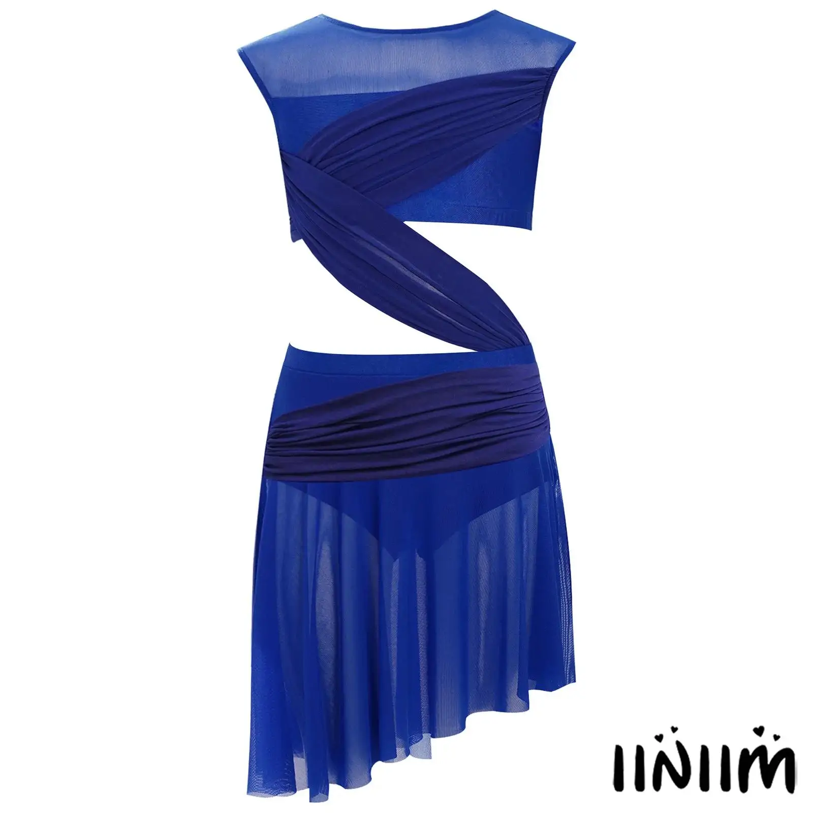 子供女の子ワンピースバレエダンスドレスノースリーブシアーメッシュパッチワーク非対称裾レオタードドレス叙情的なダンスウェア