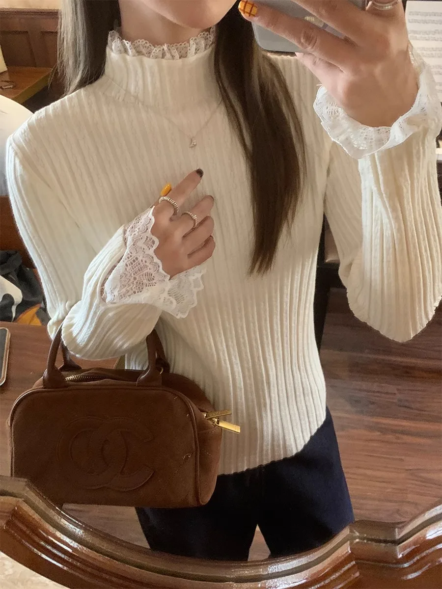 

Lace Splice Knitted Long Sve Women's Autumn Winter Pure Desire Apricot Color Small Fraance Sle Layering Base Top