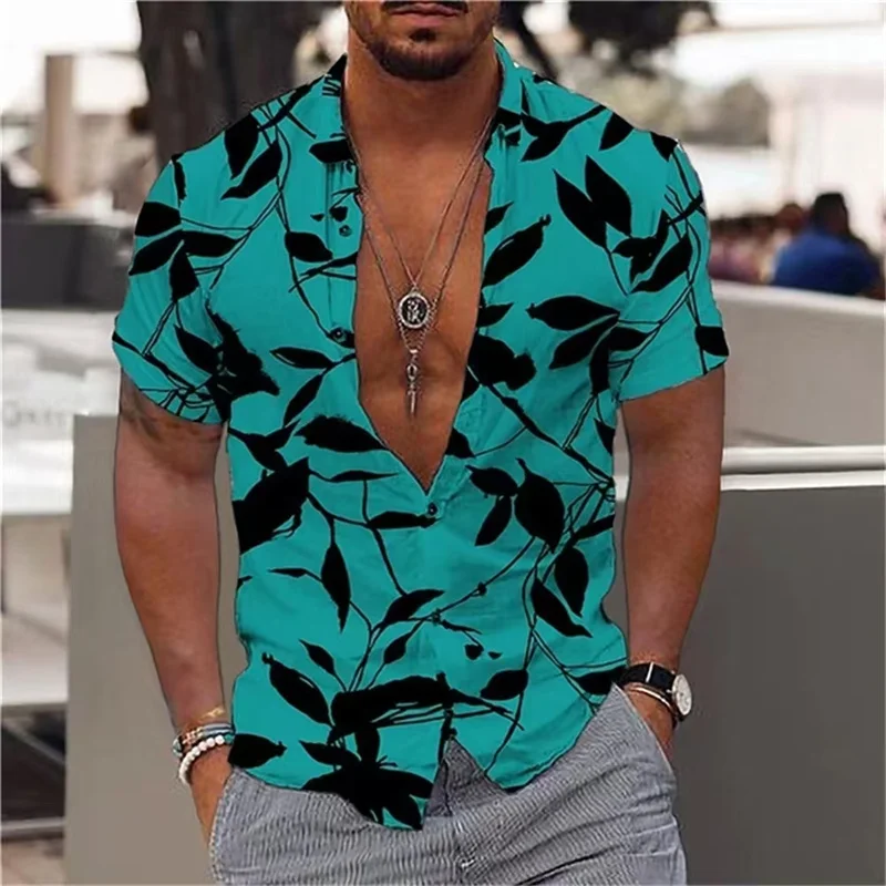 New style casual shirt short-sleeved lapel shirt 3D printing men's street fashion four-way stretch shirt men's large size tops S