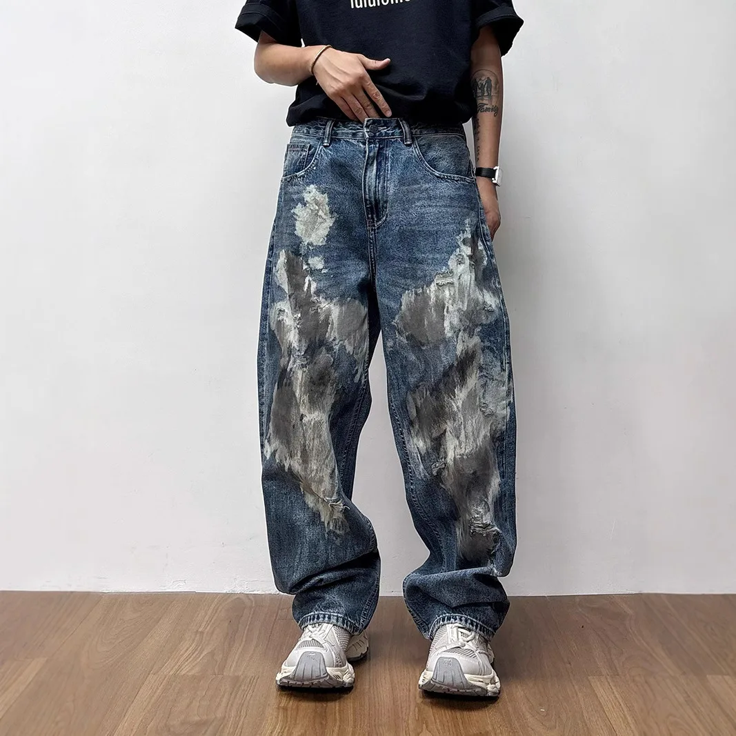 

2025 Spring Men's Straight leg Jeans Simple American High Street Loose Youth Dirty Jeans Men Clothing Jeans For Men