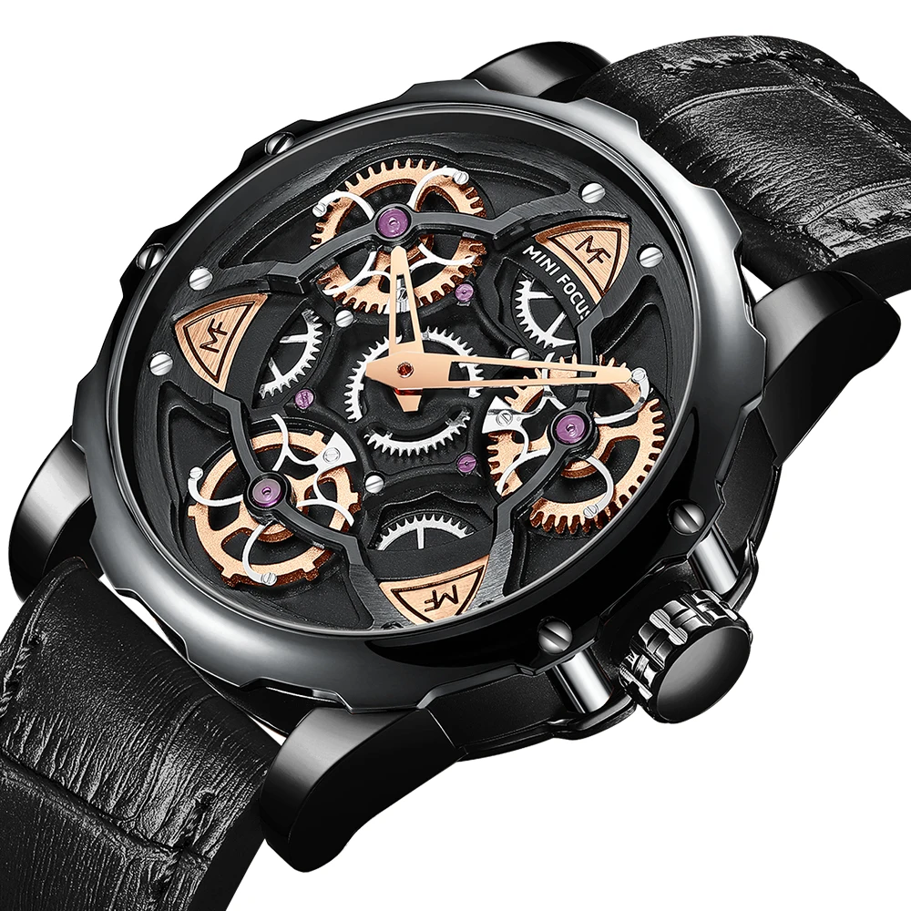 Mini Focus MF0249G Luxury Wrist Watch Genuine Leather Strap Skeleon Design Waterproof Men Quartz Watches