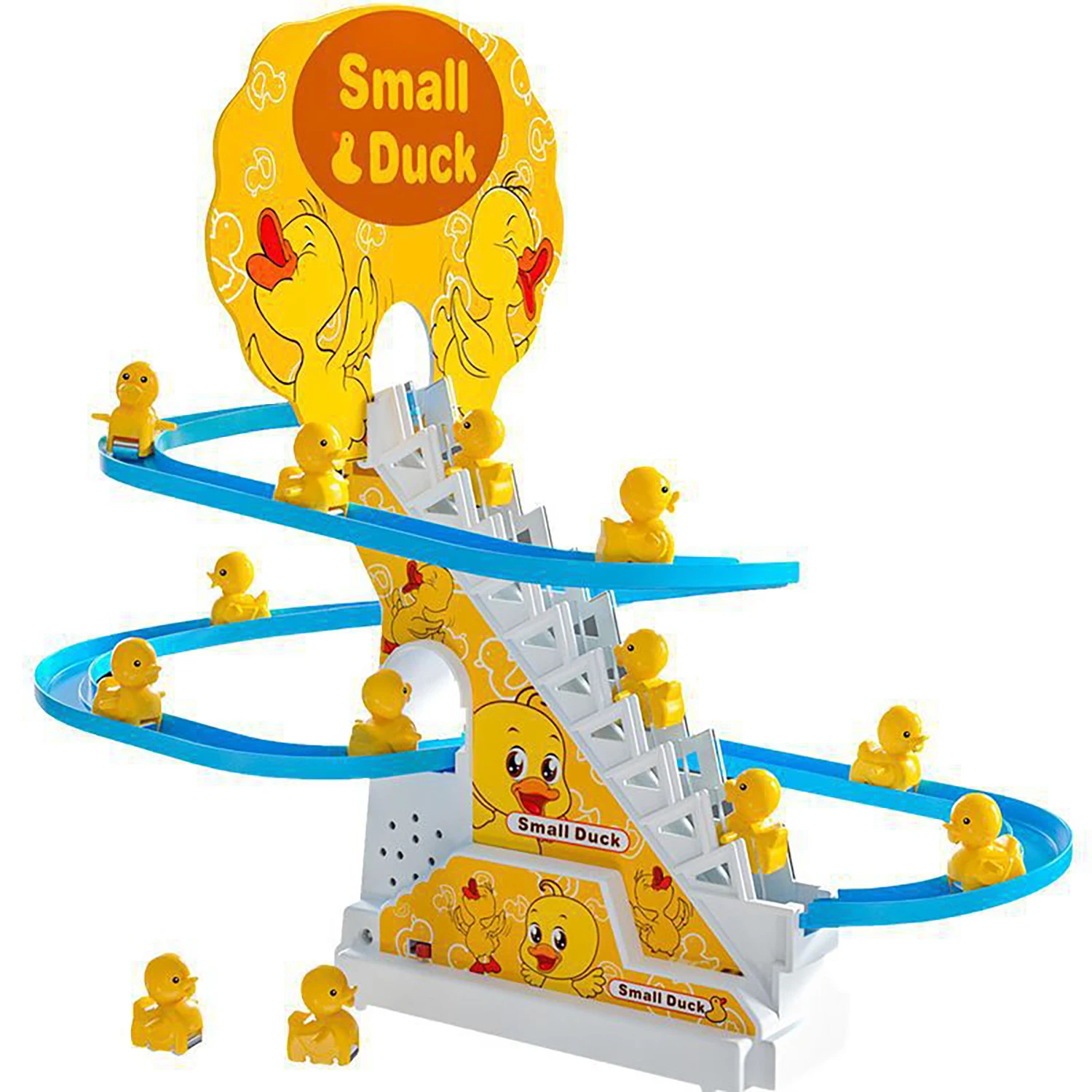 Children's electric duckling climbing stairs rail car, puzzle toy, with lighting and music