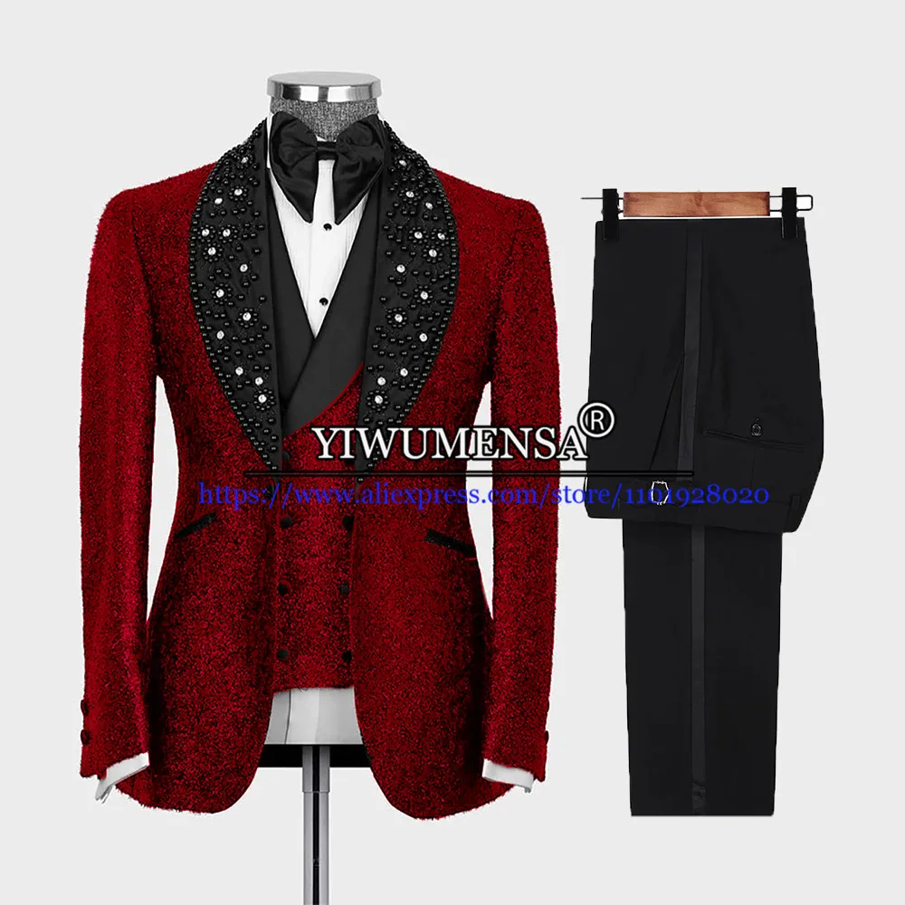 Glitter Payet Slim Fit Jas Pria Pernikahan Tangan Dijahit Manik Hitam Noda Kerah Burgundy Blazer Disesuaikan 3 Piece Pakaian Pria