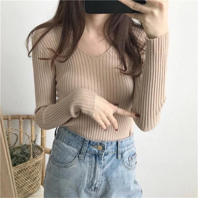 

Bodycon Sweater Womens Autumn Solid Sexy V-Neck Knitted Sweaters