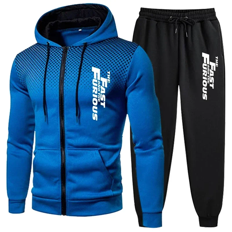 

A 2-piece men's sportswear set featuring a hooded casual zip-up sweatshirt and everyday sport pants for comfortable outdoor jogg