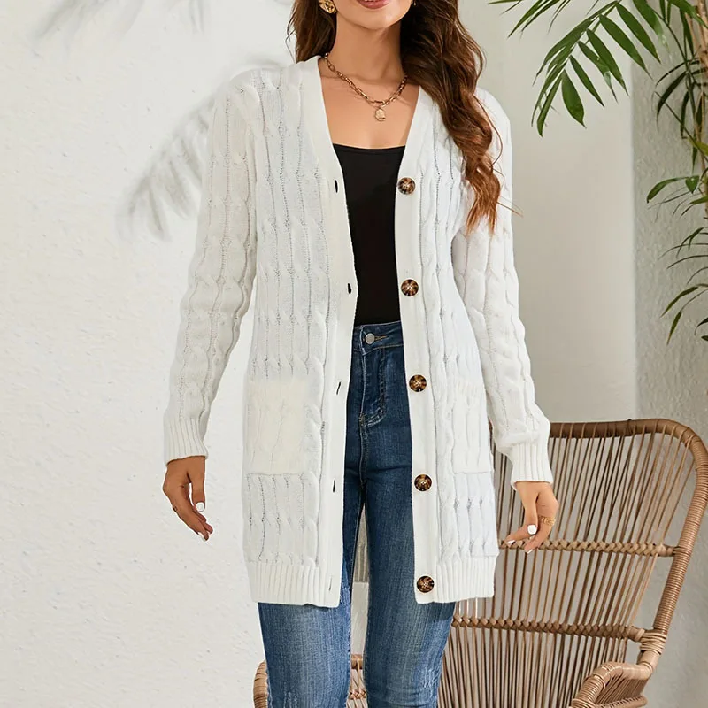 

Knits Autumn and Winter Long Fried Dough Twists Sweater Women's New Button Cardigan