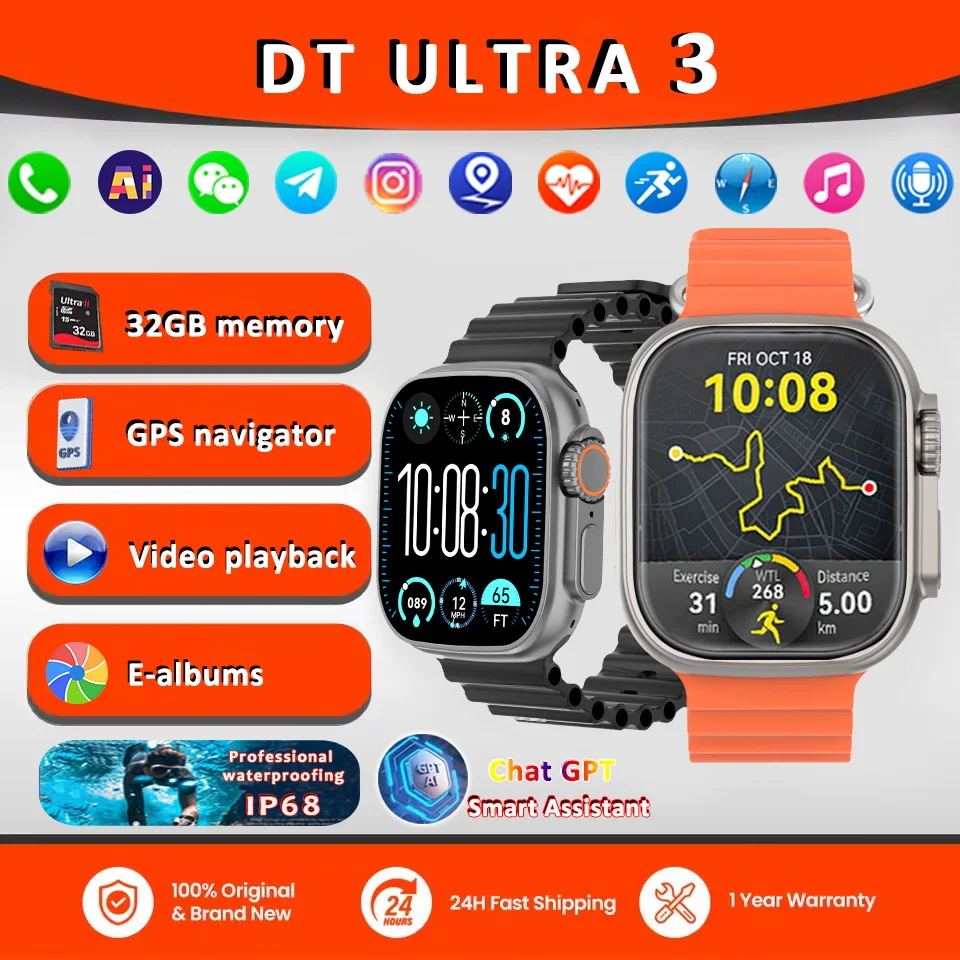 

2025 НОВЫЙ молодежный стиль DT Ultra 3 Смарт-часы для мужчин 32 ГБ Видеоплеер Приложение Загрузка Чат Глобальный GPS Google AI Voice Smart Sport Watch