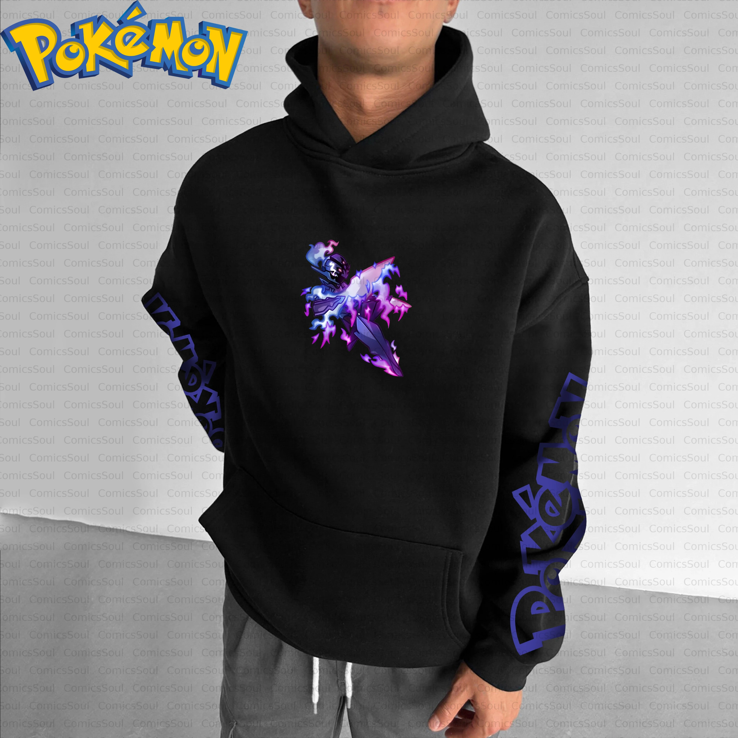 Conjunto de moletom com capuz Pokémon de algodão preto e calças Harajuku com estampa traseira de personagem dinâmico, efeitos azuis e rosa e padrão de manga