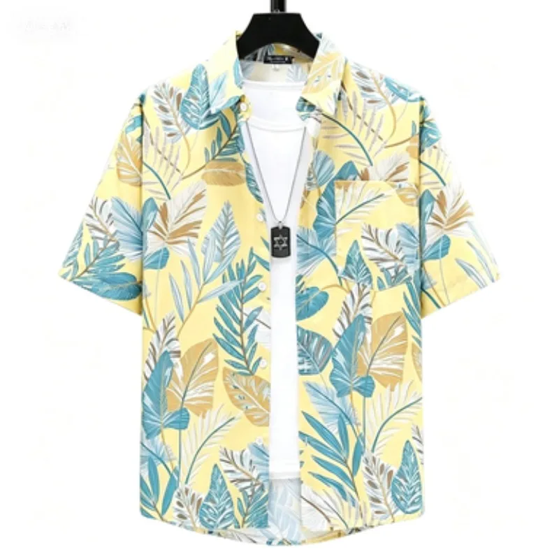 Summer Light Blue Rainforest Leaves Printed on Top Hong Kong Style Cool and Stylish Seaside Travel Short Sleeved Cardigan