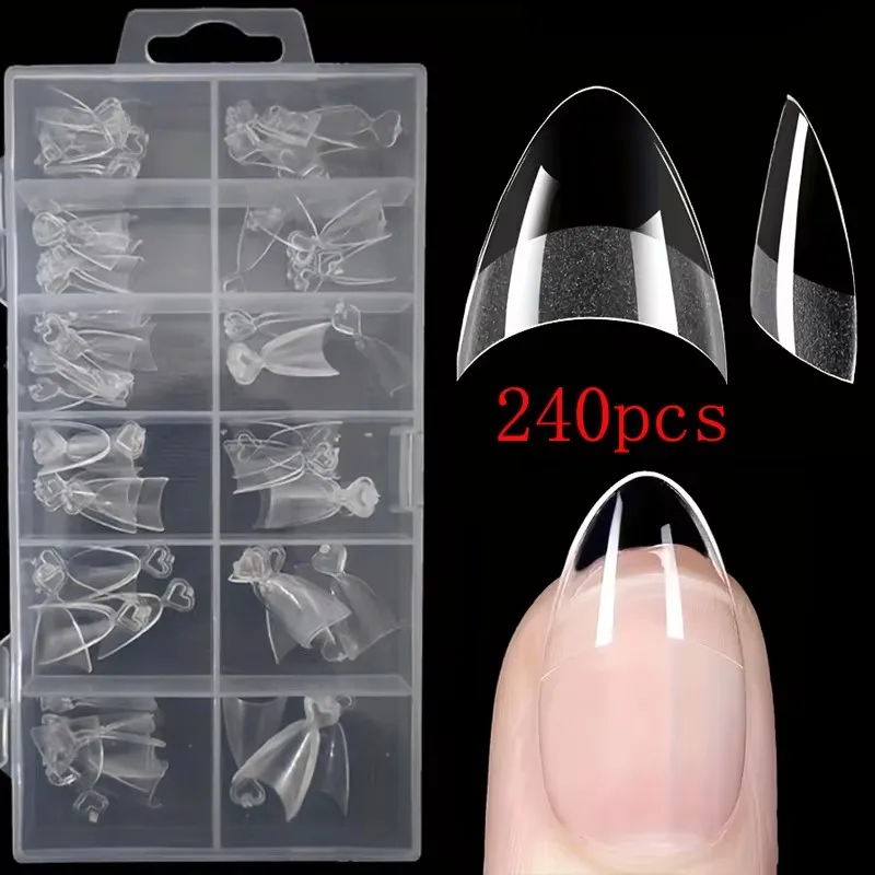 240 Transparent Nail Stickers, Including Coffin-Shaped, Almond-Shaped, Pointed, Oval, Square and Other Shapes, 12 Sizes of Full-Cover Acrylic Press-On Nails, Suitable for Home DIY Manicure and Nail Salon Use