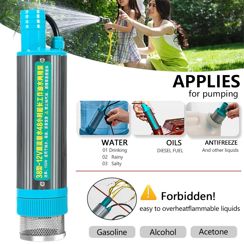 12V Portable Diesel Transfer Pump Aluminum Alloy 40mm Dia 40L/Min 5M Head Extractor With Alligator Clips 3M Cord For Car Truck