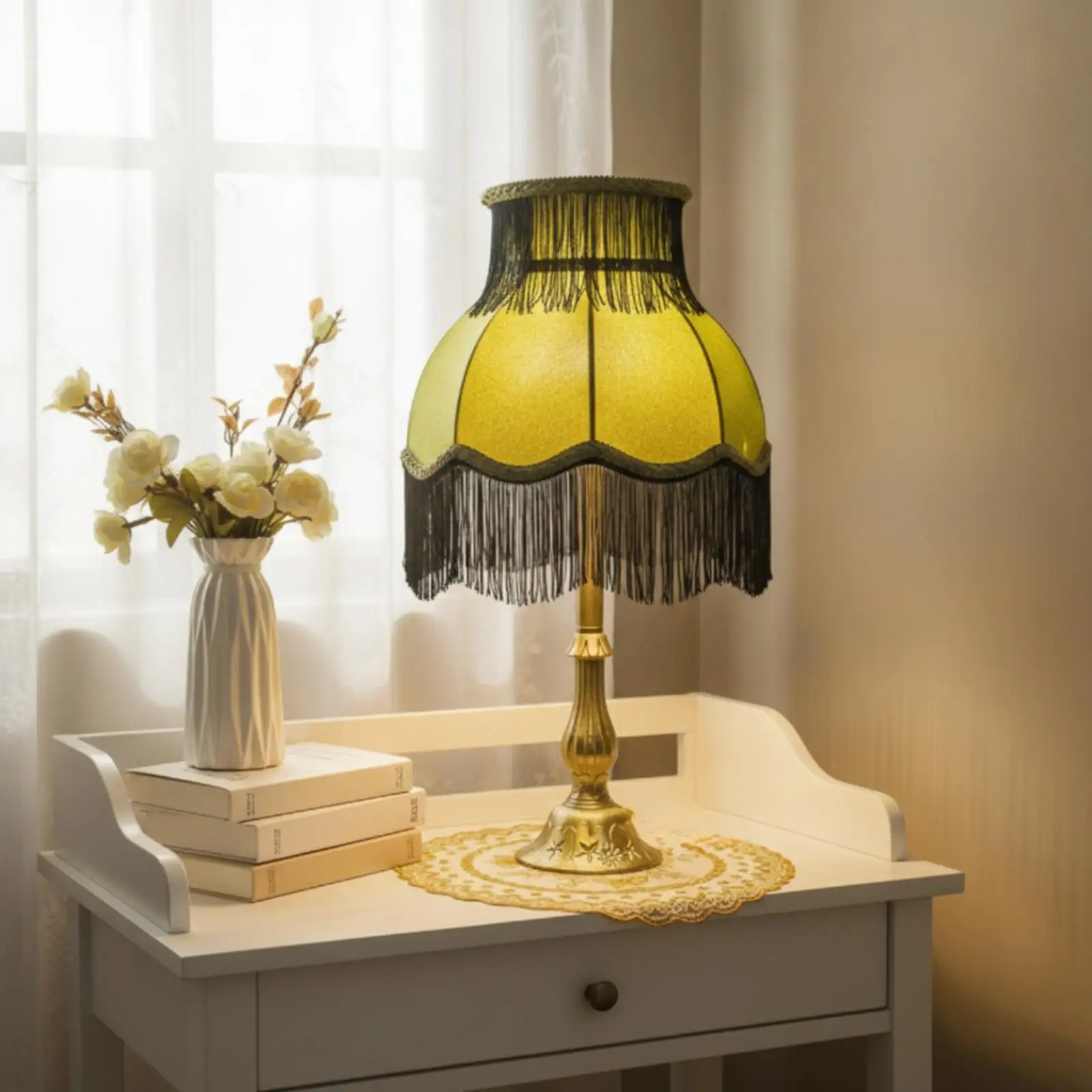 Lamp with Fringe Trim Elegant Vintage Table Lamp Traditional for Bedroom, Living Room, Reading Corner