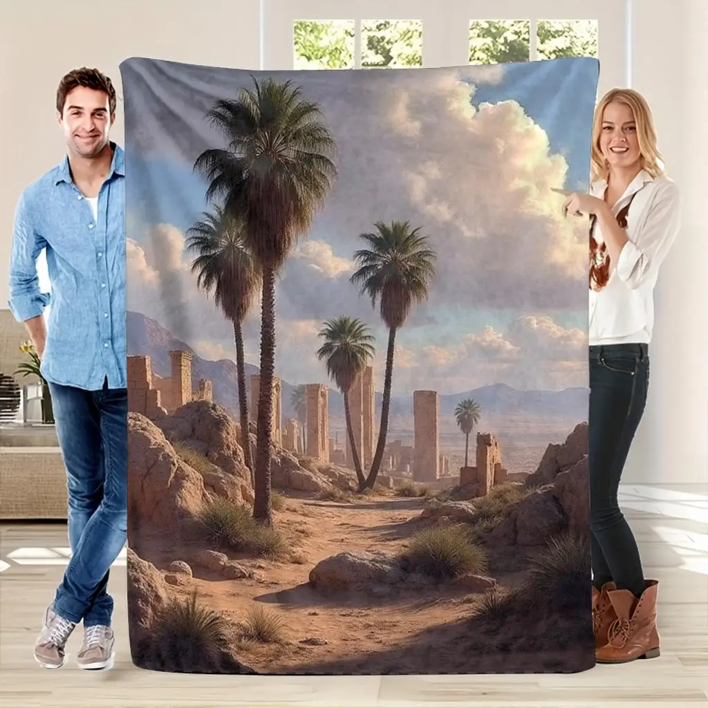 Boho Sunset Palm Tree Landscape Print Decorative Blanket Cover Vintage Mediterranean Decor 150x200cm