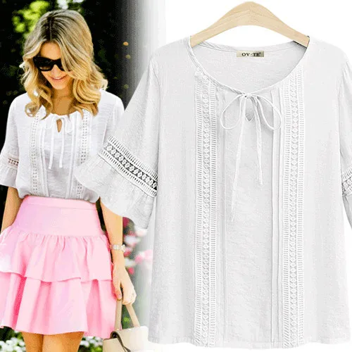 女性の夏の新しいルーズシフォン irt 蝶ネクタイ Faion ピュアカラー綿 00% レーススノーフレークトップレディースプレミアム服