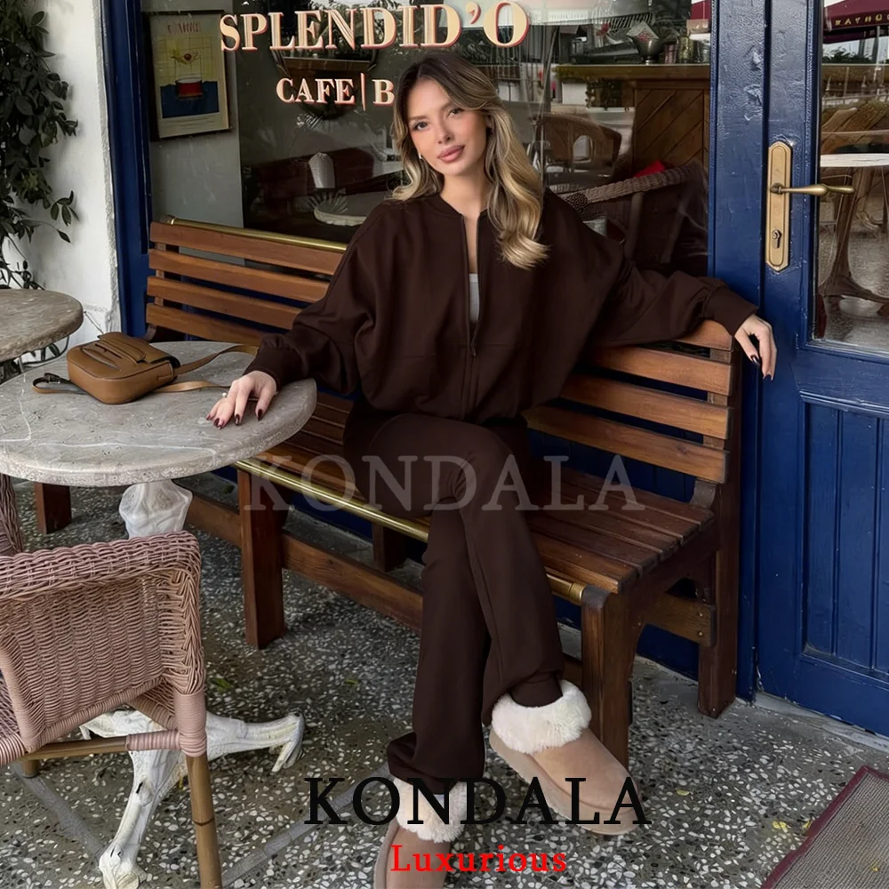 KONDALA Casual Chic Chocolate Brown Women Suits Long Sleeve Loose Jackets Long Flare Pants Elastic Sports Female Running Suits