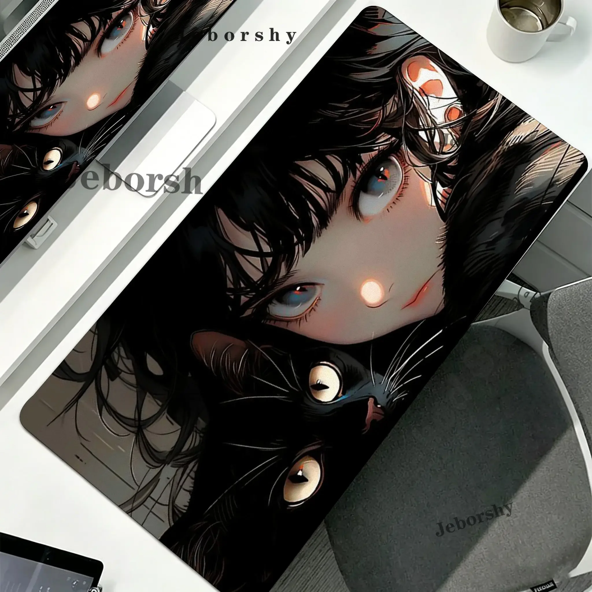 Gentle Pink Tone Girl & White Cat Extra Large Mouse Pad, Thick Edge Lock Non-Slip Gaming Keyboard Mat