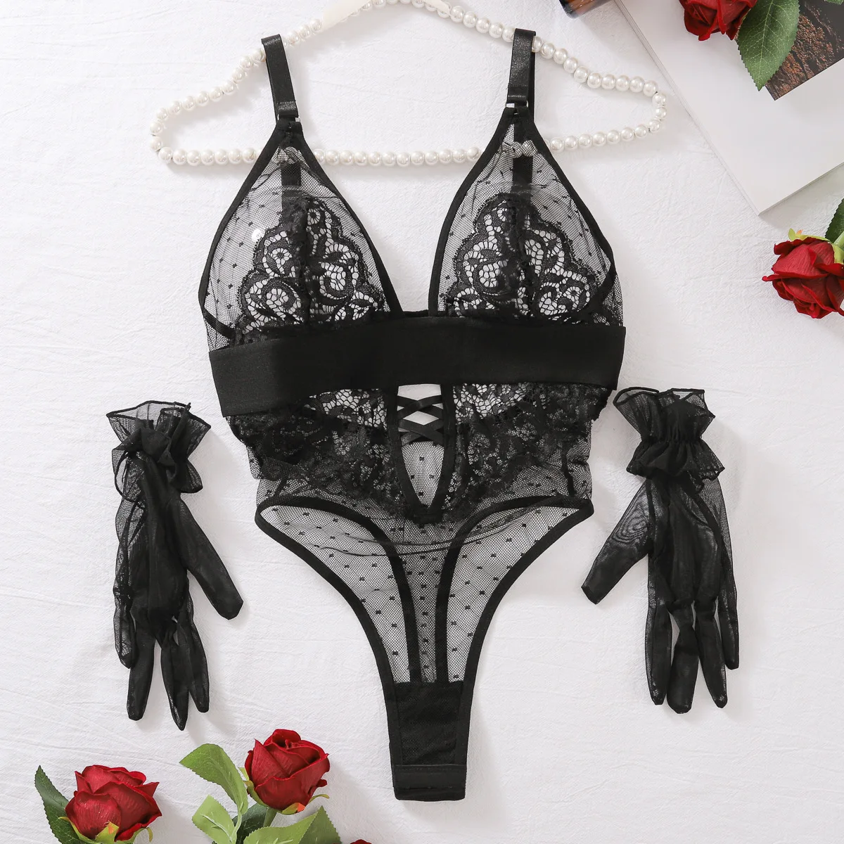 Sexy Bodys Polka Dot Mesh Blumenstickerei Spitzenhandschuh Rückenfrei Tiefer V-Hosenträger Ärmellose Bodys Charmant Lässig LE4A