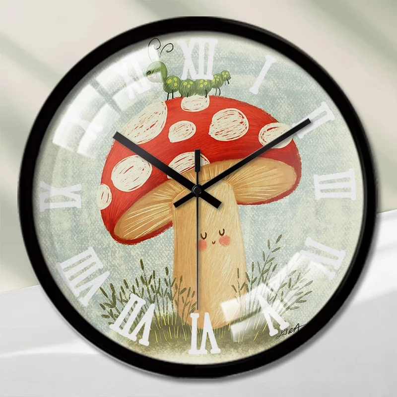 Caterpillar&Mushroom Cartoon Round Silent Hanging Wall Clock,Suitable For Living Room,School,Study Room,Bedroom,Children's Gifts