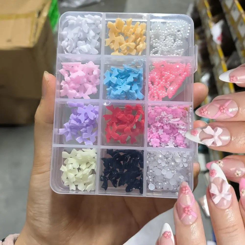 12Grids 3D Mixed Bowknot Flower PNail Charms Simulation Pearl Beads Ribbon Y2K Nail Art Decoration DIY Crafts Manicure Accessory