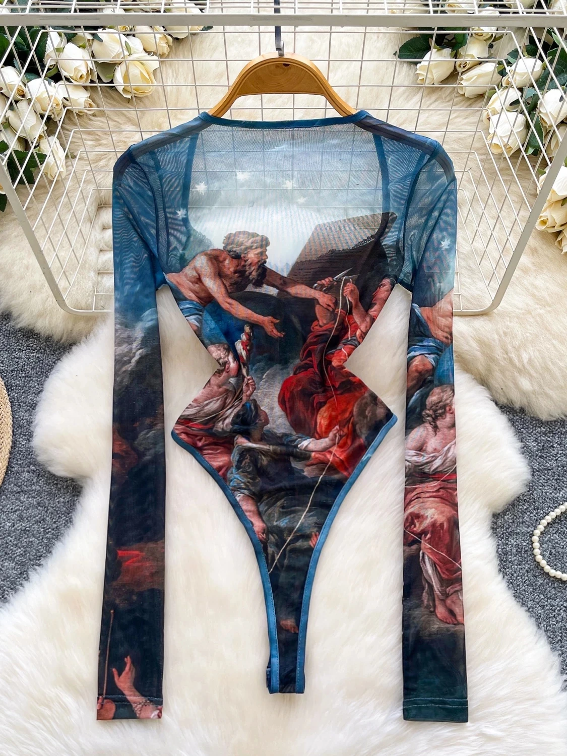 New Bodysuit Women Painting Sexy Transparent Mesh Lace Patchwork Square Collar Slim Long Sleeve Print Jumpsuit Top T-shirt 63916