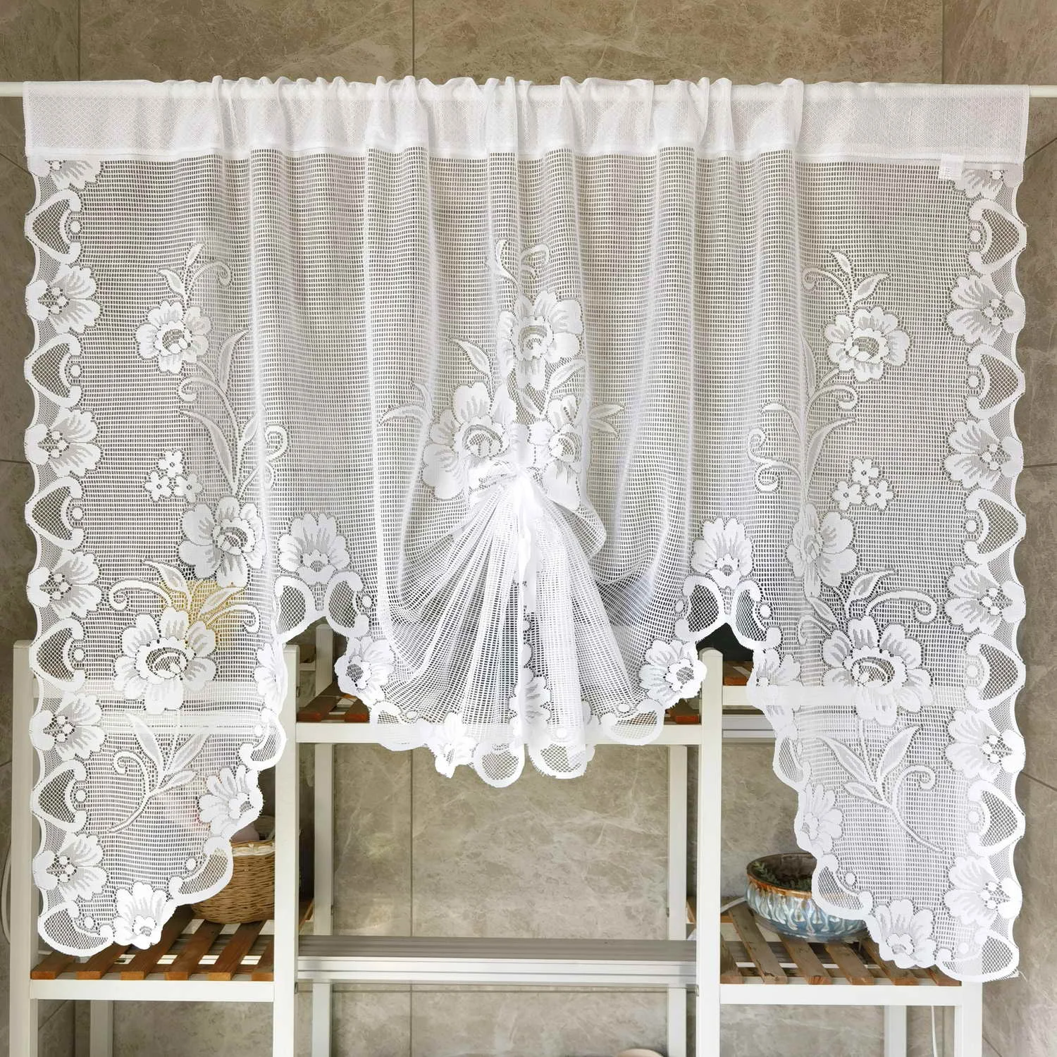 French Vintage Embroidered Kitchen Short Curtain,Romantic Lace Wavy Drapery,Rod Pocket Door Curtain,1 Panel Window Drapes