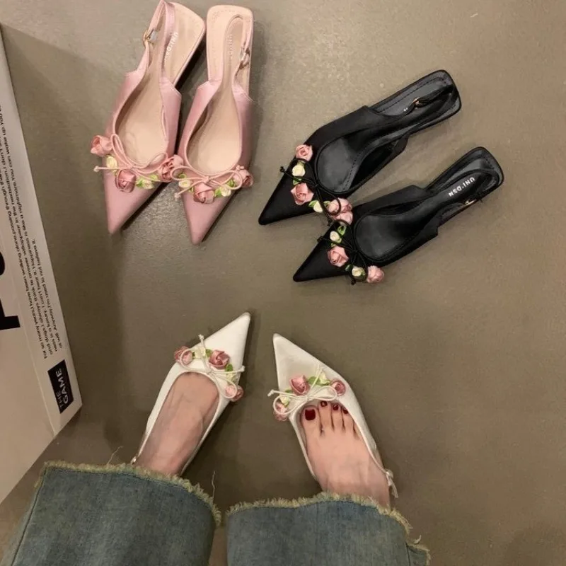 Women High Heeled Sandals Fashion Three-dimensional Flower Decoration Design Sandals French Temperament Pointe High Heel Sandals
