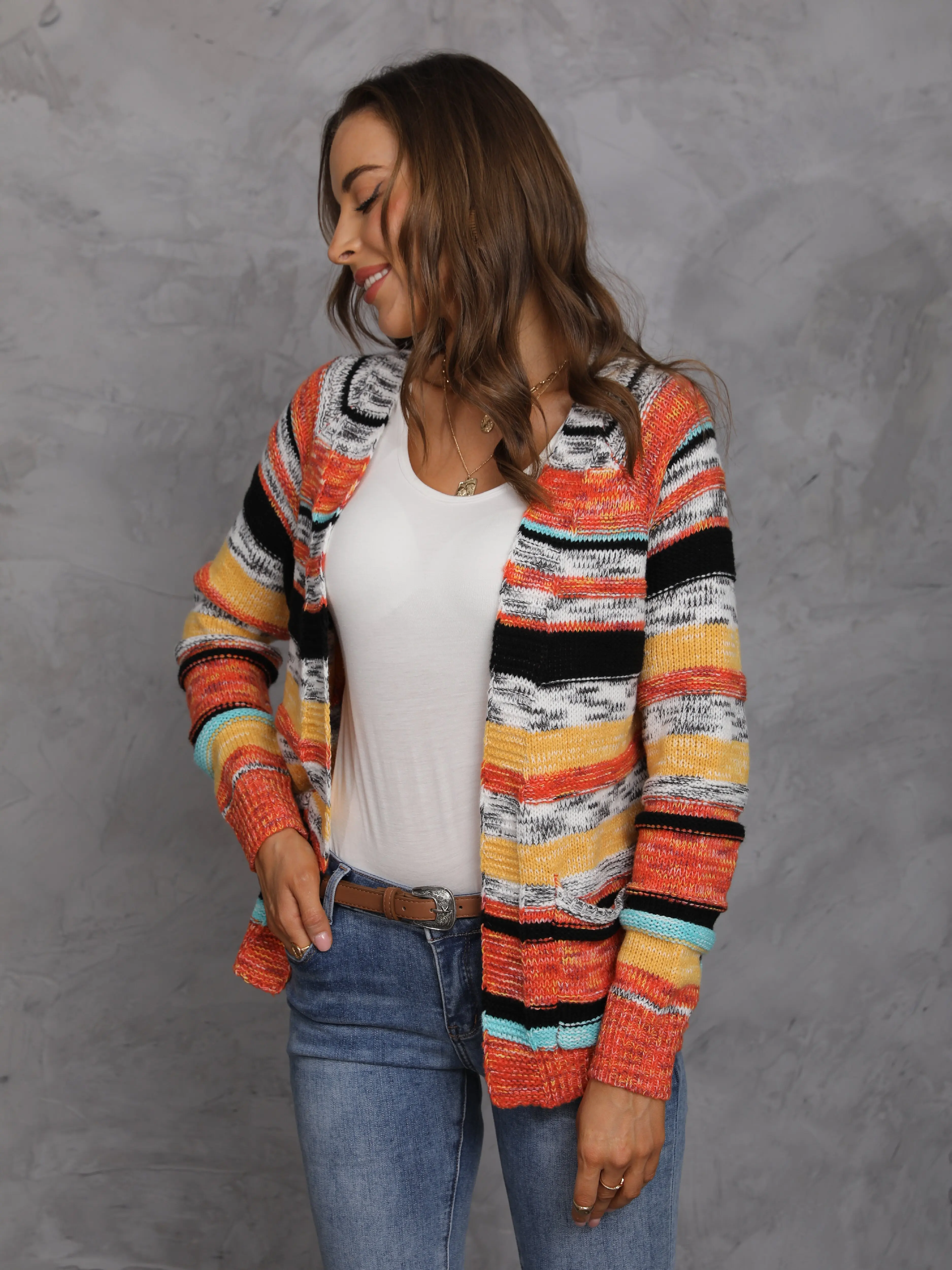 Women\'s Rainbow Stripes Sweater Knitted Cardigan Korean Casual Coat 2024 Spring Autumn Long Sleeve Jacket Shawl Ladies Tops