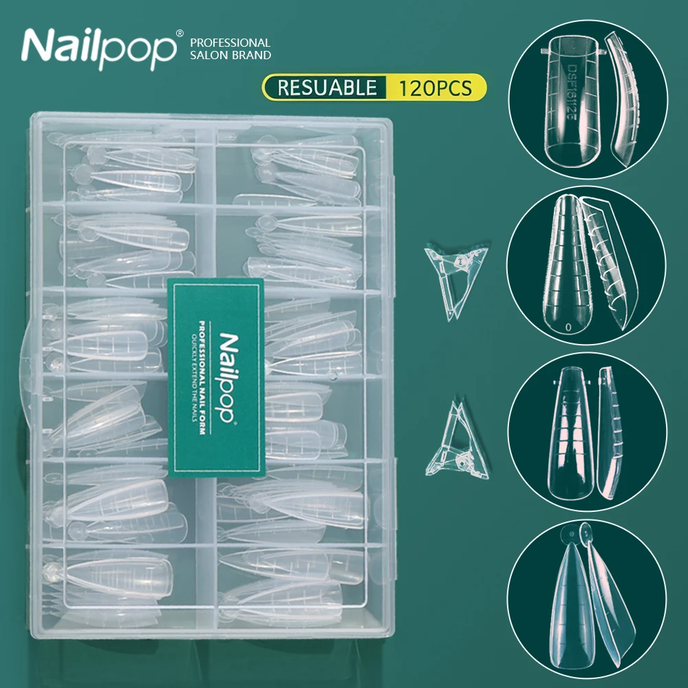 Nailpop sistema duplo formas de unhas extensão acrílica pontas de unhas falsas formas superiores para unhas gel construção molde ferramentas de arte 120 pçs/caixa