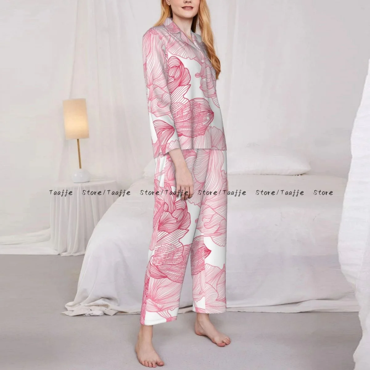 

Pink Roses Womens Pajamas Loungewear Two-piece Sleepwear Button-Down Full Sleeve Long Pajamas Set
