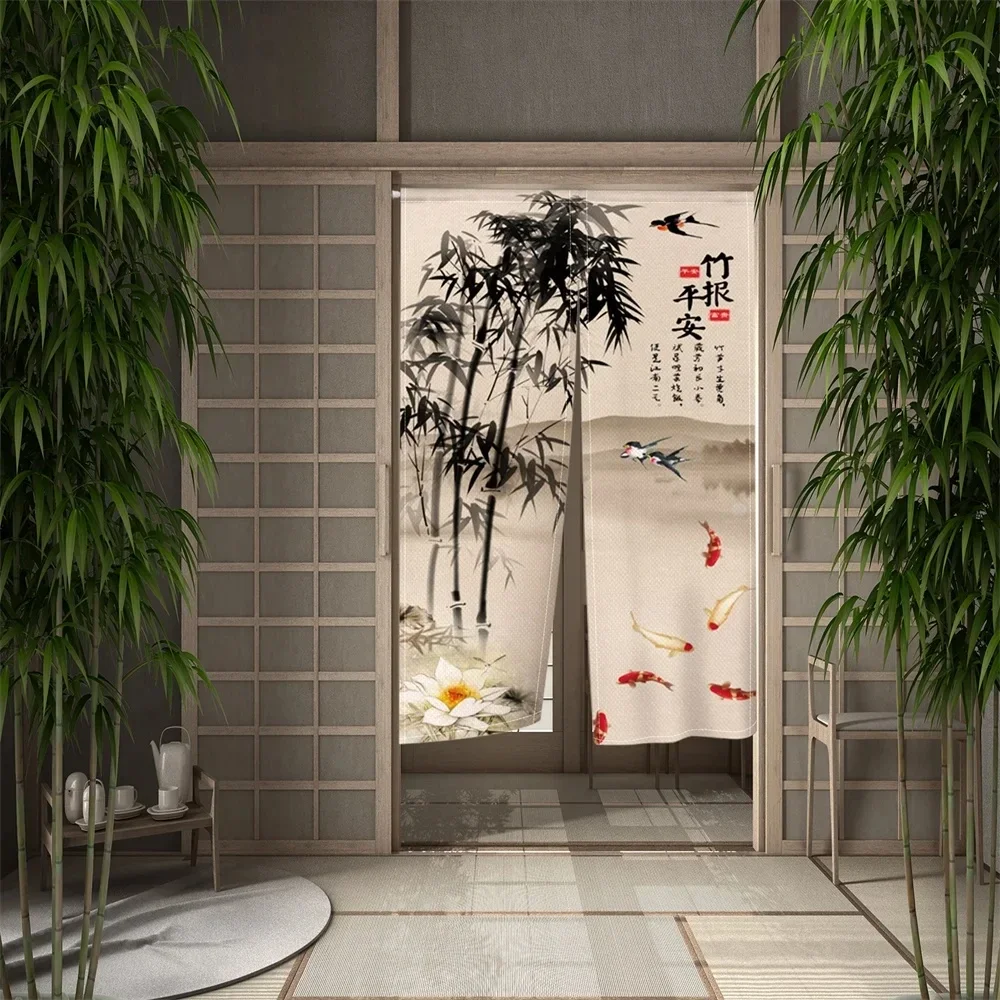 Chinese Ink Bamboo Painting Style Japanese Split Doorway Curtain Partition Household Bedroom Kitchen Bathroom Hang Door Curtain