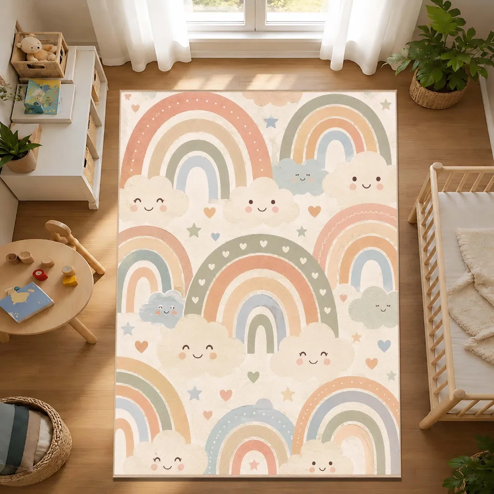 Pastel Rainbow Cloud Heart print large Rug bedroom bedside rug dining area indoor vestibule Non Slip Rug Gift